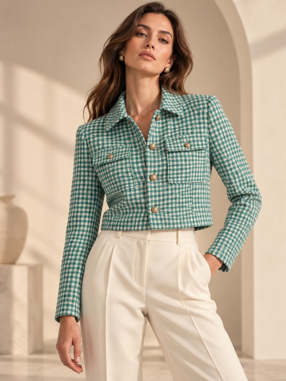 Only Green Houndstooth Cropped Blazer with Gold Buttons